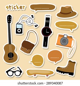 Sticker Object Boy Smart camera guitar shoe skateboard watch cartoon Vector