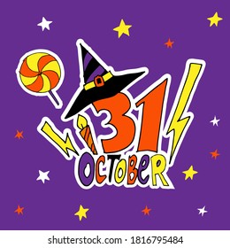 Sticker October 31st Halloween holiday. Bright Lettering with Hat, Lightning, Candle and Candy on Purple Background, Vector Illustration