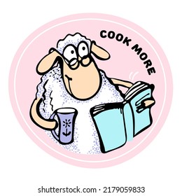 Sticker with old Cute Sheep in glasses with cup and book with text Cook more