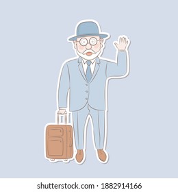 Sticker old man standing with suitcase.Vector illustrationcartoon cartoon design.