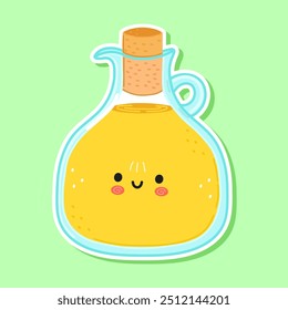 Sticker Olive oil character. Vector hand drawn cartoon kawaii character illustration icon. Isolated on green background. Olive oil character concept