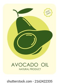 Pegar en el frasco o embalaje para el almacenamiento de aceite de aguacate. Afiche publicitario con silueta de fruta aguacate. Vector plano simple
