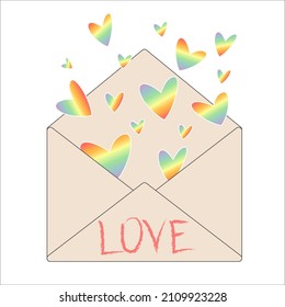 Pegatina sobre el tema LGBT con un sobre lleno de corazones de color arcoiris que se pueden usar para felicitar con el día de San Valentín. Grabado a la moda y diseño de textos festivos. Concepto de orgullo gay
