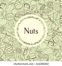 Sticker on nuts background. Hand drawn vector illustration.