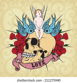 Sticker on the shirt with the angel and skull. Vector.