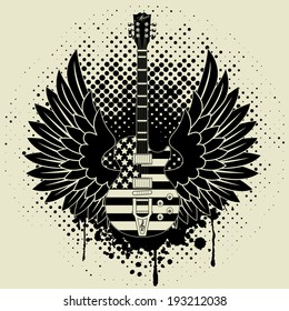 Sticker on the shirt the image of a guitar of wings