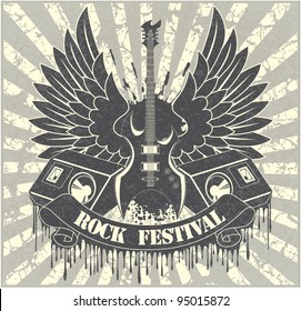 Sticker on the shirt the image of a guitar of wings of columns and tapes with the text rock festival