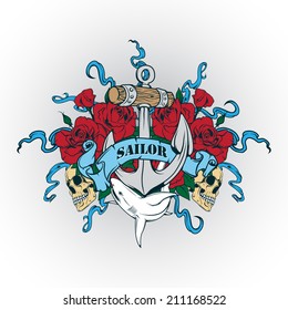 Sticker on the shirt with a nautical theme. Vector.