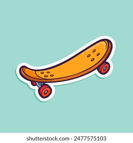 A sticker on the theme of street culture in the style of retro comics. Vector illustration of a skateboard, hand-drawn, isolated on a white background. Color doodle of a skate.