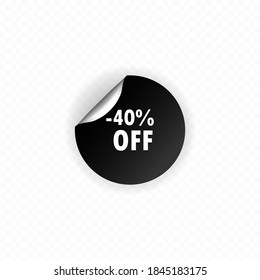 Aufkleber auf weißem Hintergrund, bis zu 40 % Rabatt. 40 % Rabatt auf das Etikett. Black Circle Label, Aufkleber, Tag, Banner. . Vektorflache Cartoon-Illustration für Webseiten.