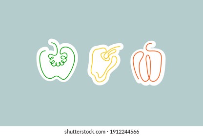 Sticker one line art style bell pepper. Abstract creative food in minimalism design. Hand drawn vector illustration. 