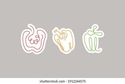 Sticker one line art style bell pepper. Abstract creative food in minimalism design. Hand drawn vector illustration. 