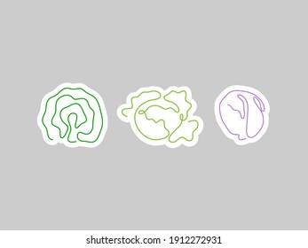 Sticker one line art style cabbage. Abstract creative food in minimalism design. Hand drawn vector illustration. 