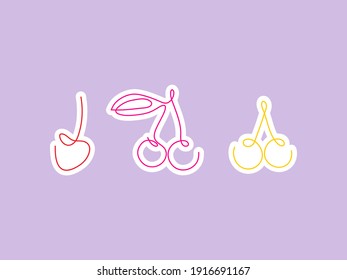 Sticker one line art style cherries. Abstract creative food in minimalism design. Hand drawn vector illustration.
