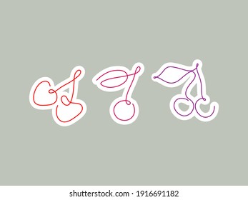 Sticker one line art style cherries. Abstract creative food in minimalism design. Hand drawn vector illustration.