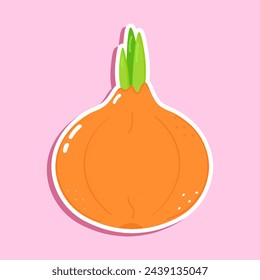 Sticker Onion character. Vector hand drawn cartoon kawaii character illustration icon. Isolated on pink background. Onion character concept