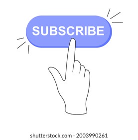 Sticker of online subscribe button click on white background. Click on the registration button. Hand pushing the button, enrolling by invitation. Flat cartoon vector illustration