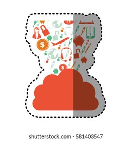 sticker orange cloud in cumulus shape with set collection investment and tech vector illustration