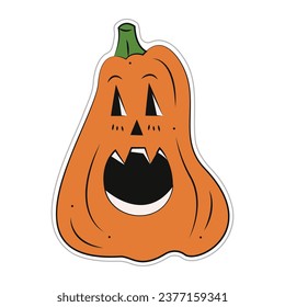 Sticker with orange Halloween pumpkin. Color flat vector illustration.