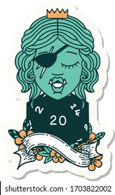 sticker of a orc rogue character with natural twenty dice roll