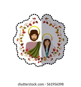 sticker ornament with leaves and half body picture colorful virgin mary and saint joseph