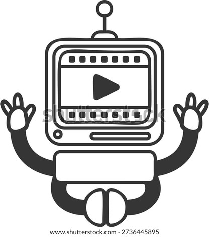 Sticker outline chat-bot video player character. Ai robotic avatar retro style illustration