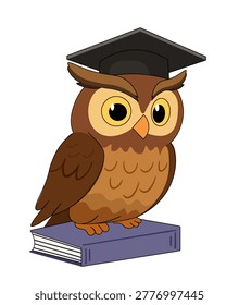 Sticker with owl. Wise brown bird in graduation cap sitting on book. Education and training. Cute forest dweller. Flat vector illustration isolated on white background
