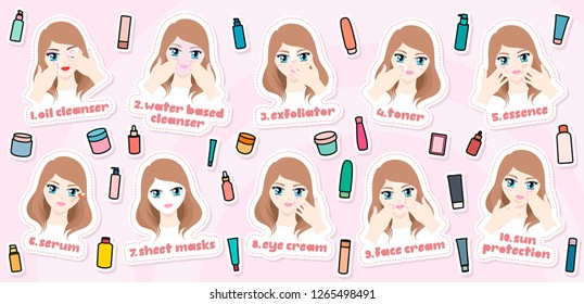 Sticker Pack Of 10 Step Korean Skin Care Routine On Pink Background. Beautiful Girl Cares For Her Skin. Stickers With Cosmetic Jars.