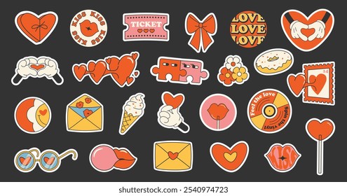 Sticker pack with abstract funny comic cool shapes (heart, flowers, record, ice cream, bow) in trendy retro Groovy, Y2K style, Vintage. Isolated hand-drawn label on black background. Flat Vector EPS10