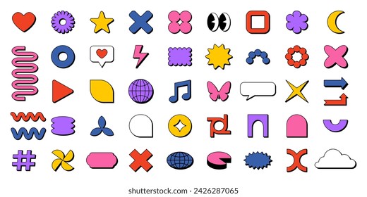 A sticker pack of abstract geometric shapes in neobrutalism style on a white background. Modern Y2K elements for UI UX design, stickers, patches, icons, notes. Contemporary vector, editable stroke.