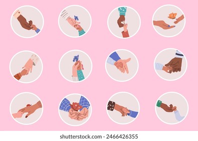 Sticker pack of adult man's hand, woman reaching for child's hand, holding child's hand.  