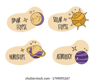 Sticker pack for astrologer. Solar eclipse, horoscope, natal chart, moon eclipse, study of astrology. Set of icons with planets