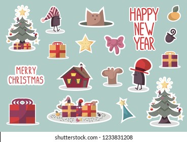 Sticker pack with birds, animals, Christmas decorations, lettering, Christmas trees and a house and wrapped presents. Pastel colours. Green background. Flat cartoon style vector illustration. 