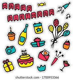 Sticker pack. Birthday, party, wedding. Hand-drawn icons. Vector