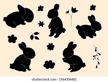 Sticker Pack of black silhouette Baby Bunnies. Little Rabbit. Cute Easter Animal. Hares Vector Kids Illustration  on background. Design for card, print, book, kids story	
