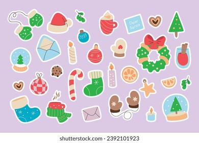 Aufkleberpackung mit handgezeichneten Cartoon-Elementen. Weihnachten und   Happy New Year Retro Urlaub Maskottchen-Illustration Set. Vektorgrafik
