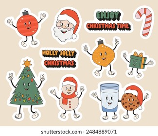 Sticker pack of Christmas stickers in trendy retro groovy style. Merry Christmas. Santa Clous, gift, Christmas tree, Christmas tree toy, milk and cookie for Santa, snowman. Cute winter holiday set.