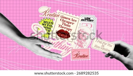 Sticker pack collage. Pop art quotes and lips on pink grid, retro vintage label aesthetic for social media and diary
