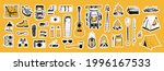 Sticker pack. Collection of camping stickers. Vector hand drawn illustrations bundle. Backpack boots tent sleeping bag compass map flashlight binoculars camera reusable bottle first aid kit