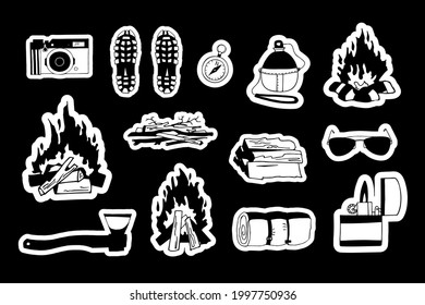 Sticker pack. Collection of camping stickers. Monochrome vector hand drawn illustrations. Campfire bundle. Boots sleeping bag compass sunglasses camera reusable bottle lighter axe
