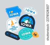 Sticker Pack. Collection of trendy pins. Set of cool patches vector design. Iowa retro badges.