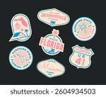 Sticker Pack. Collection of trendy pins. Set of cool patches vector design. Florida retro badges.