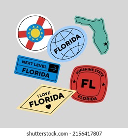 Sticker Pack. Collection of trendy pins. Set of cool patches vector design. Florida retro badges.