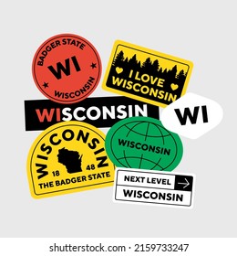 Sticker Pack. Collection of trendy pins. Set of cool patches vector design. Wisconsin retro badges.