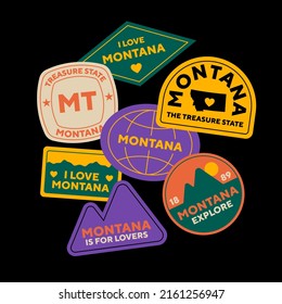 Sticker Pack. Collection of trendy pins. Set of cool patches vector design. Montana, USA retro badges.