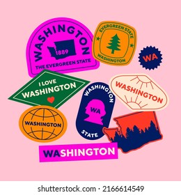 Sticker Pack. Collection of trendy pins. Set of cool patches vector design. Washington state, USA retro badges.