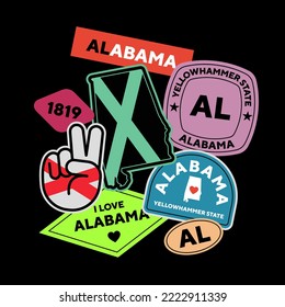 Paquete de pegatinas. Colección de pines a la moda. Conjunto de parches frescos de diseño vectorial. Insignias retro de Alabama.