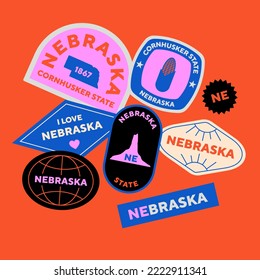 Sticker Pack. Collection of trendy pins. Set of cool patches vector design. Nebraska retro badges.