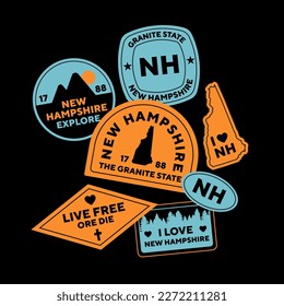 Sticker Pack. Collection of trendy pins. Set of cool patches vector design. New Hampshire retro badges.