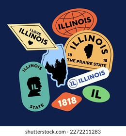 Sticker Pack. Collection of trendy pins. Set of cool patches vector design. Illinois retro badges.